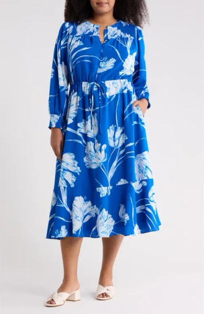 Sugarlips Amanlia Floral Keila Long Sleeve Smocked Yoke Midi Dress In Blue