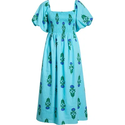 Sugarlips Amena Floral Maray Smocked Cotton Midi Dress In Blue