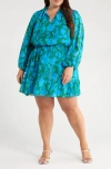 Sugarlips Amren Floral Long Sleeve Metallic Georgette Minidress In Blue