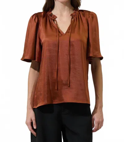 Sugarlips Angela Satin Tie Neck Flutter Sleeve Blouse In Chocolate In Gold