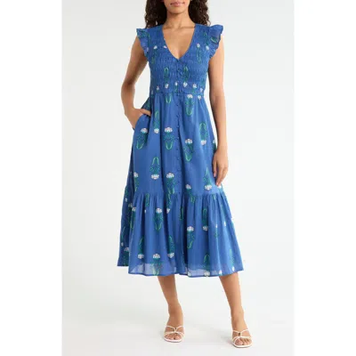Sugarlips Angie Floral Cotton Midi Dress In Blue
