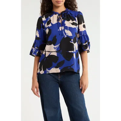 Sugarlips Anthem Floral Break Room Split Neck Top In Blue