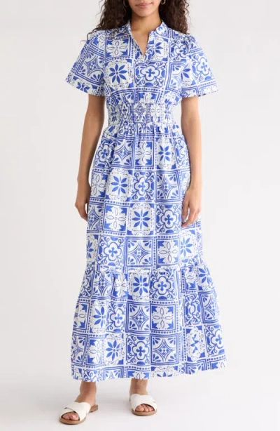 Sugarlips Arbor Tile Belraj Tiered Cotton Maxi Dress In Blue