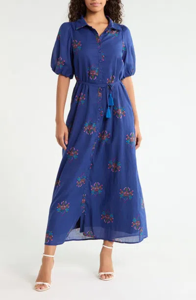 Sugarlips Arelia Floral Tie Waist Button-up Midi Shirtdress In Multi