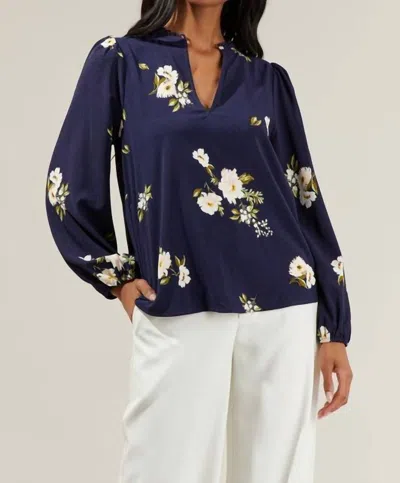 Sugarlips Arlene Floral Split Neck Blouse In Navy/pink In Blue