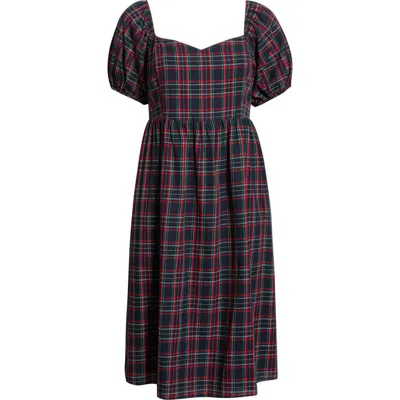 Sugarlips Arvada Plaid Puff Sleeve Dress In Blue