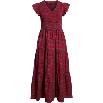Sugarlips Arvada Plaid Sunfire Smocked Cotton Tiered Maxi Dress In Red