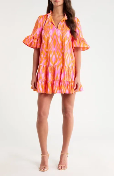 Sugarlips Auggie Ikat Print Cotton Shift Minidress In Orange-pink