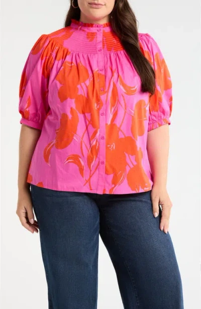 Sugarlips Aurea Floral Blossom Smocked Button-up Top In Multi