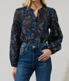 Sugarlips Aurina Floral Jamille Split Neck Poplin Top In Navy-black In Multi