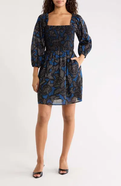 Sugarlips Aurina Floral Smocked Fit & Flare Minidress In Blue