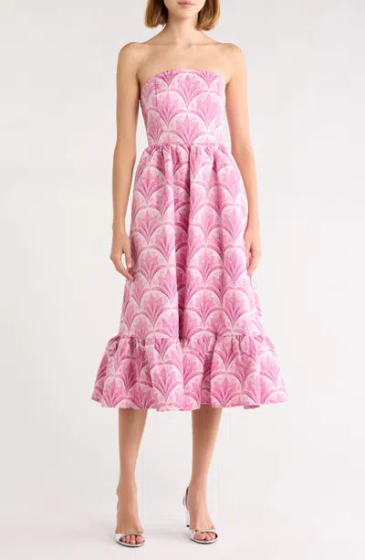 Sugarlips Aurra Floral Jacquard Tiered Strapless Midi Dress In Pink