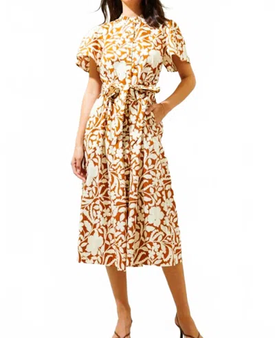 Sugarlips Ayla Short Bell Sleeve Midi Dress In Cream And Brown Floral In Multi