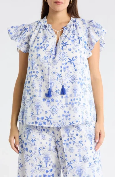 Sugarlips Azul Tropics Deniza Split Neck Top In Blue
