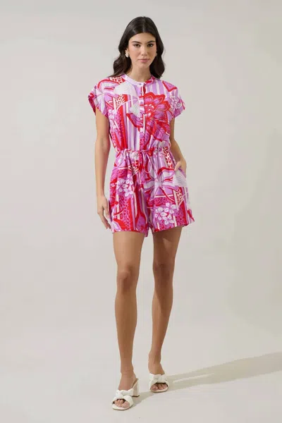 Sugarlips Barba Tropical Petrie Button Up Romper In Red In Multi