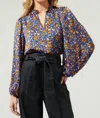Sugarlips Begonia Floral Shimmy Balloon Sleeve Top In Blue Rust In Multi