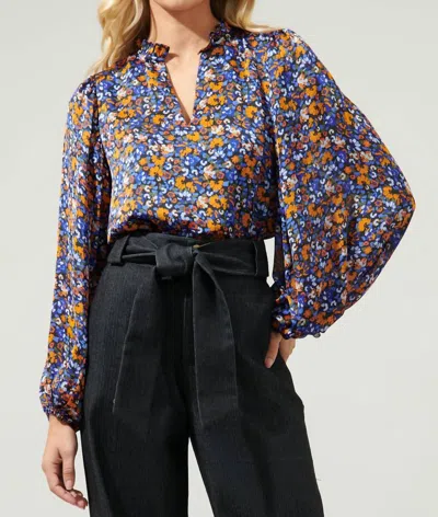 Sugarlips Begonia Floral Shimmy Balloon Sleeve Top In Blue Rust In Multi