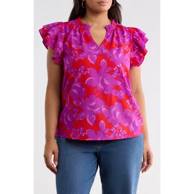 Sugarlips Bellissima Floral Ruffle Sleeve Top In Red-magenta