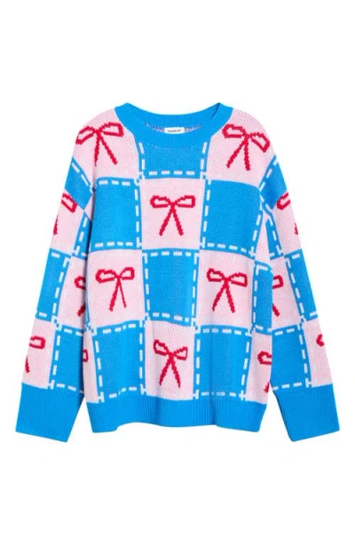 Sugarlips Belora Check Bow Oversize Sweater In Blue