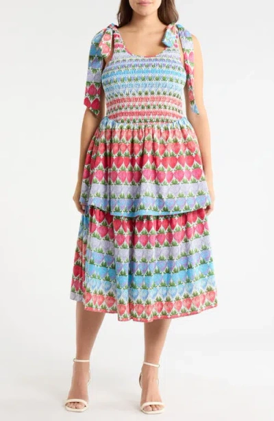 Sugarlips Berry Burst Layered Ruffle Tie Strap Midi Dress In Multi