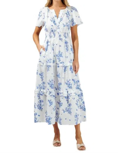 Sugarlips Bestia Floral Palmer Poplin Tiered Maxi Dress In Cream/ Blue