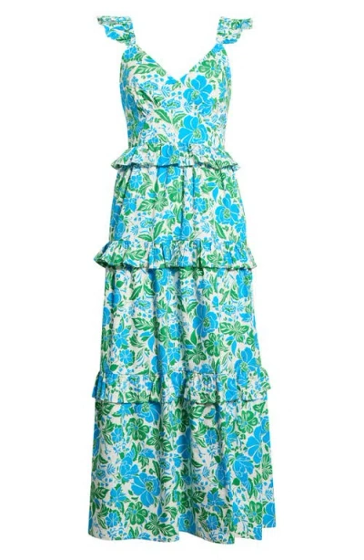 Sugarlips Bivore Floral Print Ruffle Maxi Dress In Blue