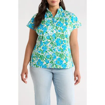 Sugarlips Bivore Patma Floral Mock Neck Button-up Top In Blue