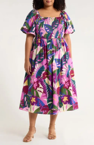 Sugarlips Blain Floral Maray Smocked Cotton Midi Dress In Purple