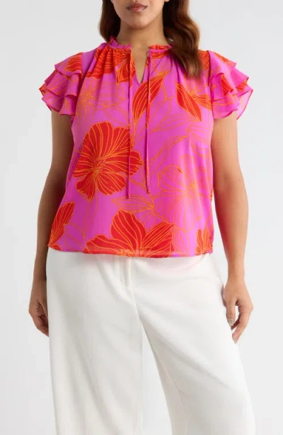 Sugarlips Blakely Floral Donis Split Neck Top In Pink