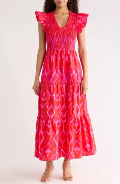 Sugarlips Blevin Ikat Sunfire Smocked Cotton Tiered Maxi Dress In Pink