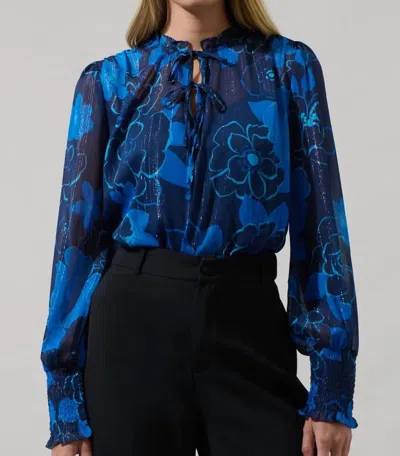 Sugarlips Bluford Floral Verona Split Neck Blouse In Navy Blue