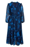 Sugarlips Bluford Metallic Floral Print Long Sleeve Dress In Blue