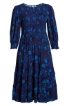 Sugarlips Bluford Smocked Long Sleeve Midi Dress In Blue