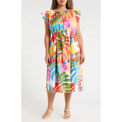 Sugarlips Breezy Palms Tiarna Flutter Sleeve Tie Waist Midi Dress In Multi