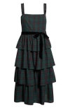 Sugarlips Brook Plaid Velvet Tiered Midi Dress In Green