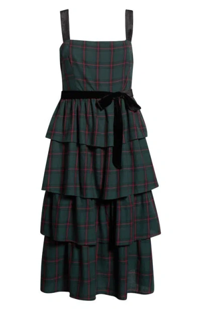 Sugarlips Brook Plaid Velvet Tiered Midi Dress In Green