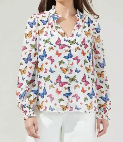 Sugarlips Butterfly Long Sleeve Blouse In White Multi