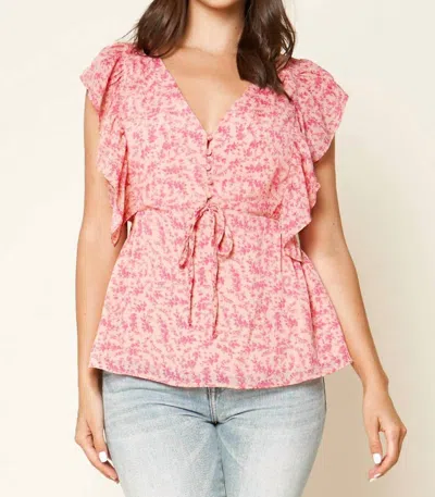Sugarlips Button Floral Ruffle Top In Pink