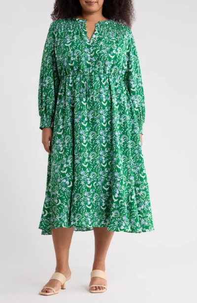 Sugarlips Cabana Floral Keila Long Sleeve Smocked Yoke Midi Dress In Green