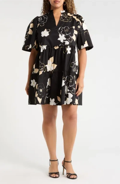 Sugarlips Cairan Floral Dixie Tiered Cotton Dress In Black