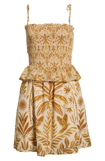 Sugarlips Calina Tropical Irvine Smocked Tie Strap Cotton Sundress In Gold