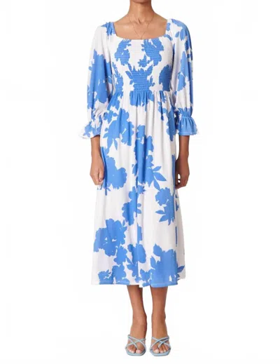 Sugarlips Calypso Floral Denni Smocked Midi Dress In White Blue In Multi