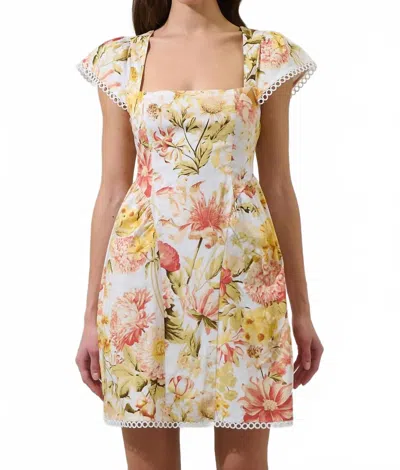 Sugarlips Cap Sleeve Square Neck Mini Dress In Coral Floral In Multi
