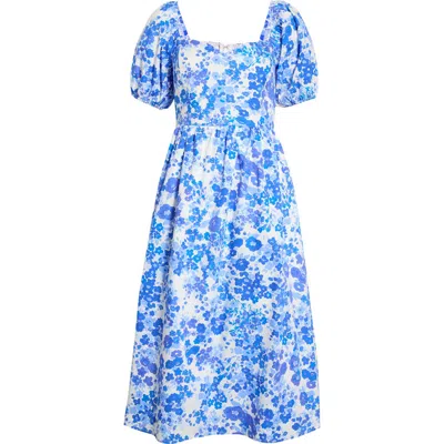 Sugarlips Carli Floral Alessi Puff Sleeve Cotton Midi Dress In Blue