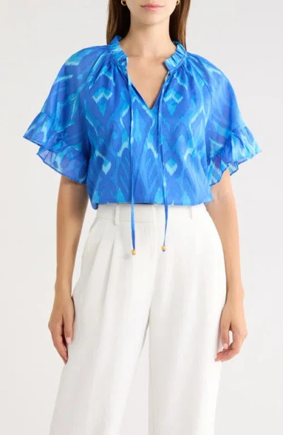 Sugarlips Carys Erie Abstract Cotton Split Neck Top In Blue