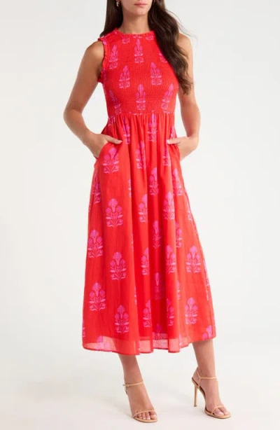Sugarlips Cecil Print Smocked Sleeveless Maxi Dress In Red