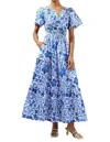 Sugarlips Celeste Floral Palmer Poplin Tiered Maxi Dress In White/ Blue Combo