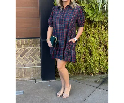Sugarlips Chapman Plaid Button Down Shift Dress In Navy Multi