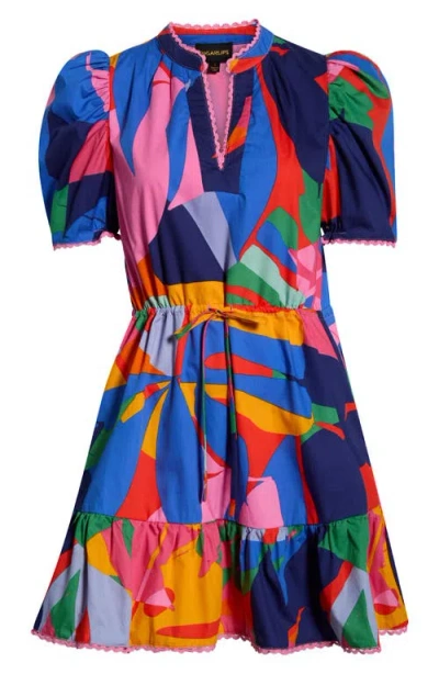 Sugarlips Chroma Lace Trim Puff Sleeve Drawstring Waist Cotton Dress In Multi