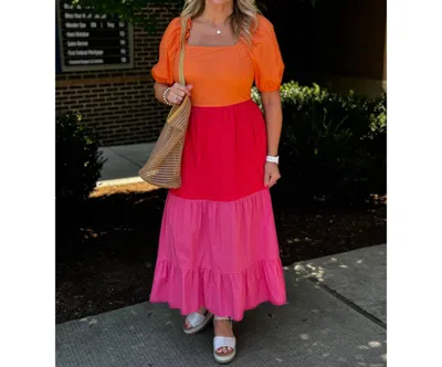 Sugarlips Citrus Colorblock Tiered Midi Dress In Orange/red/pink In Multi